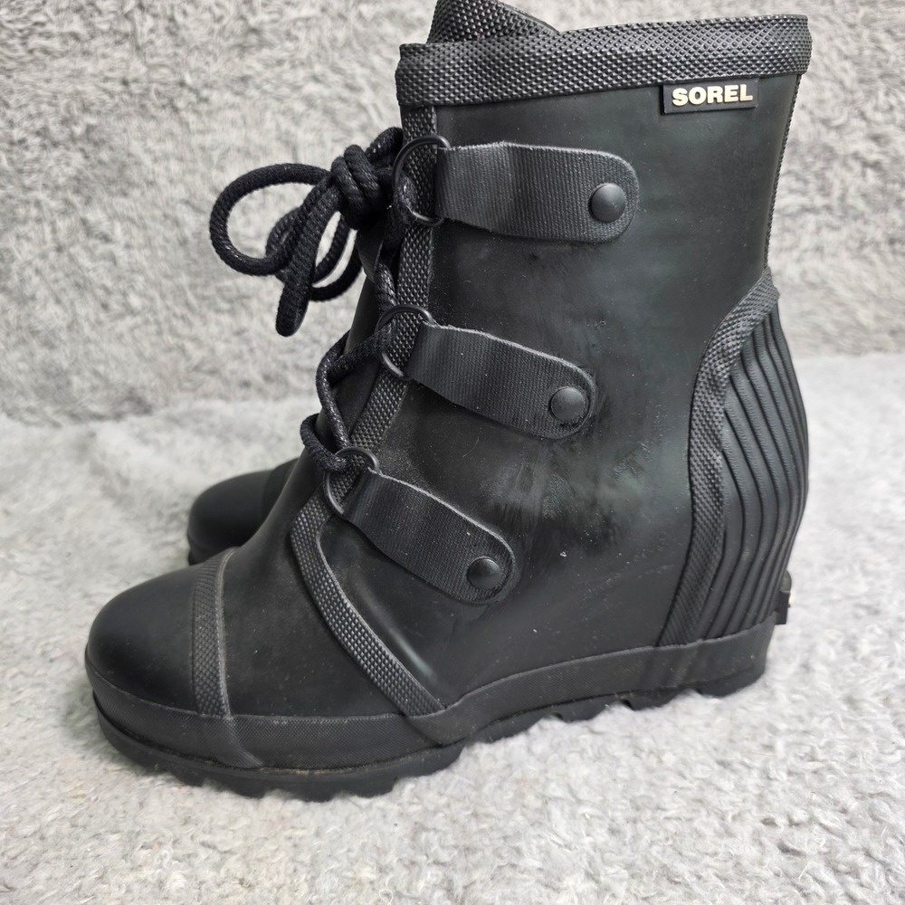 Sorel Medina‎ IV Wedge Rain Boot Black Rubber Combat Goth Snow Women 8.5